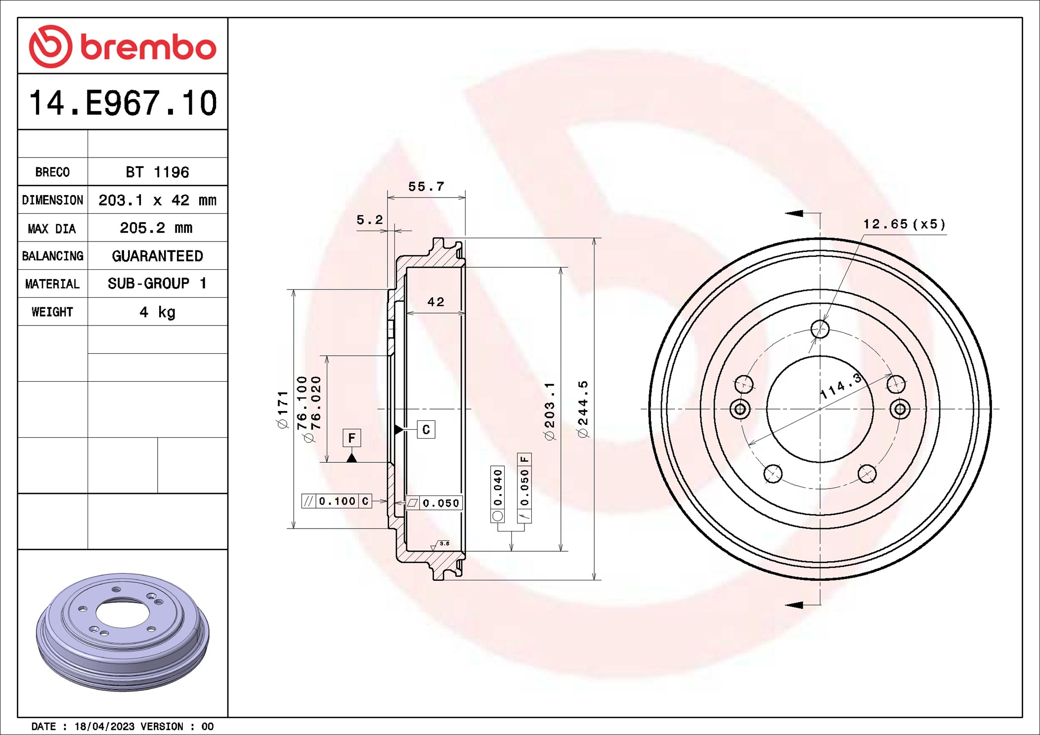 Brembo Remtrommel 14.E967.10