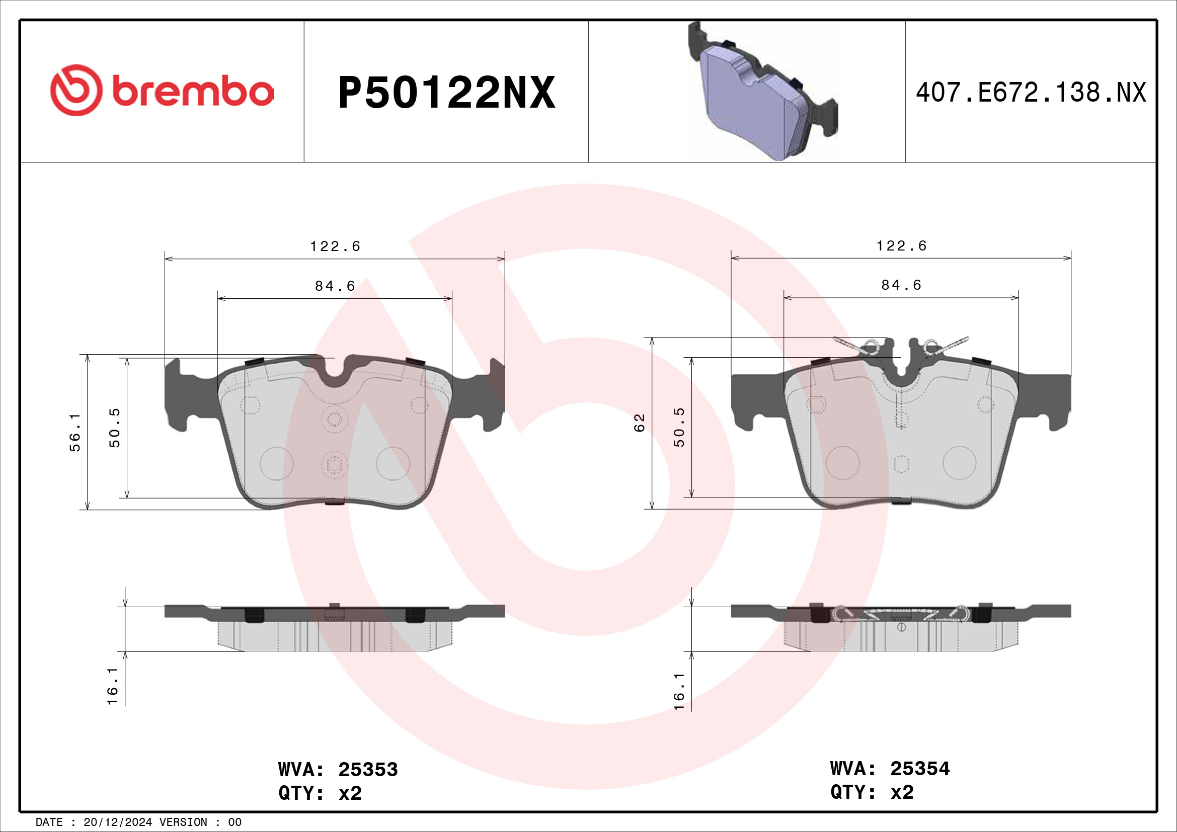 Remblokkenset, schijfrem Brembo P50122NX