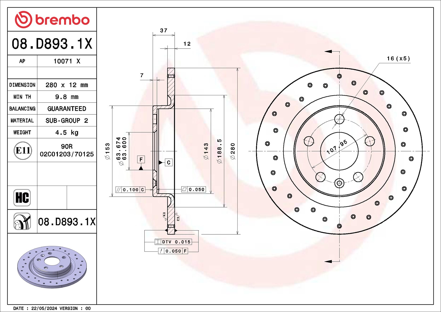 Remschijf Brembo 08.D893.1X