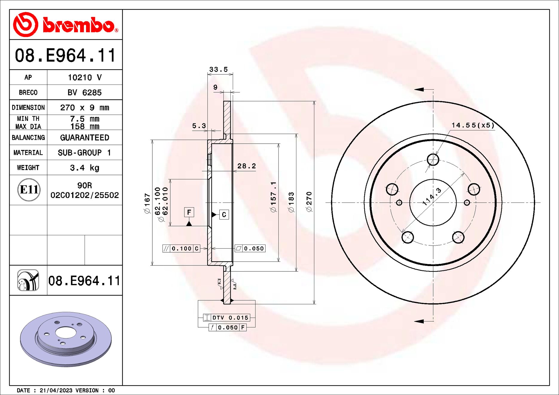 Remschijven Brembo 08.E964.11