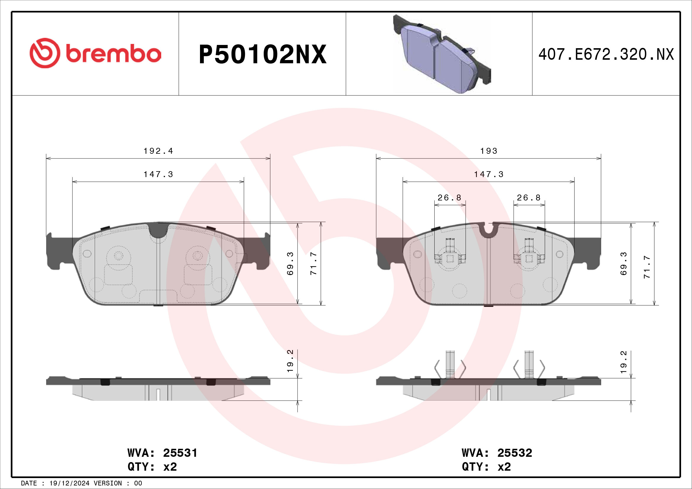 Remblokkenset, schijfrem Brembo P50102NX
