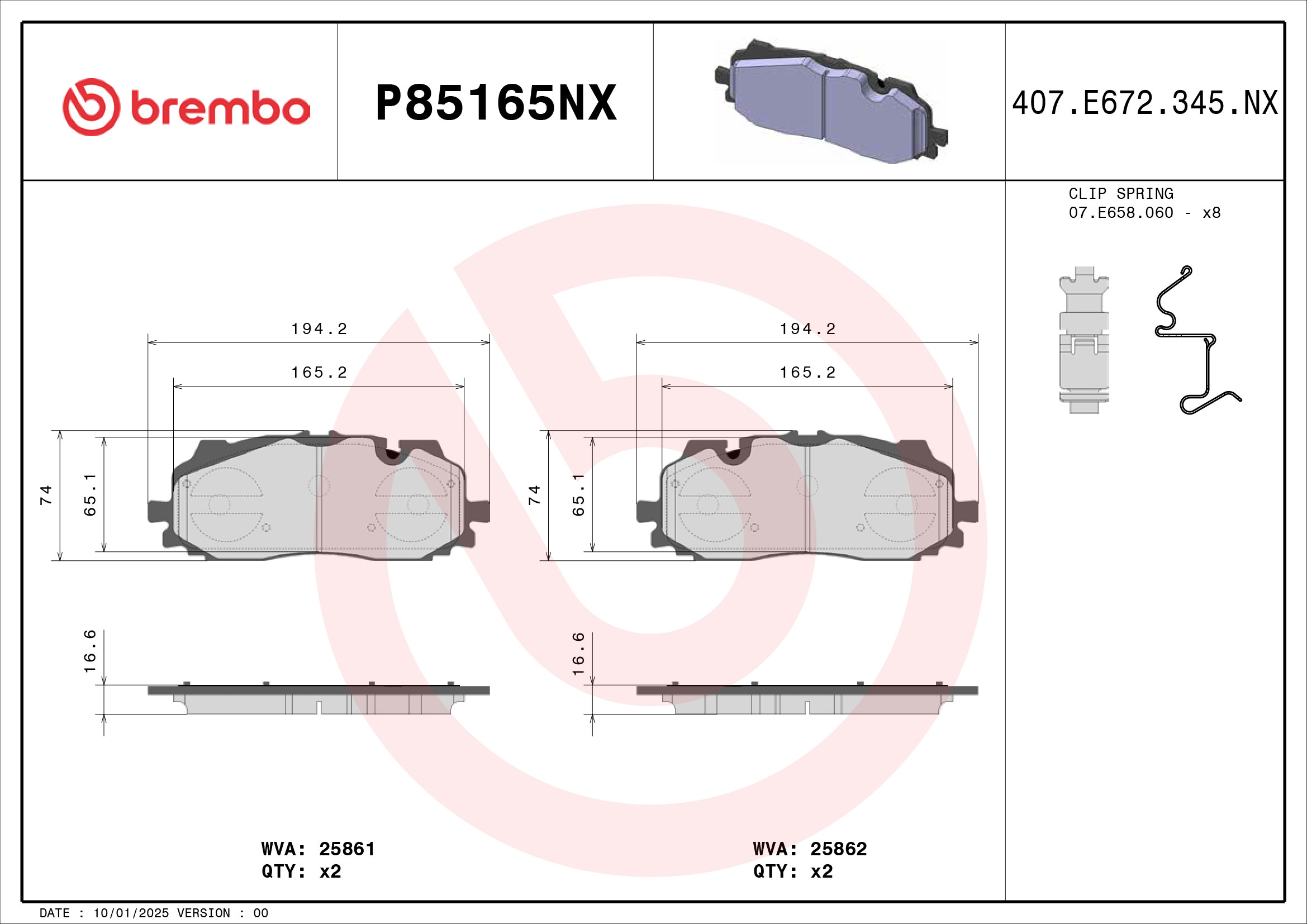 Remblokkenset, schijfrem Brembo P85165NX