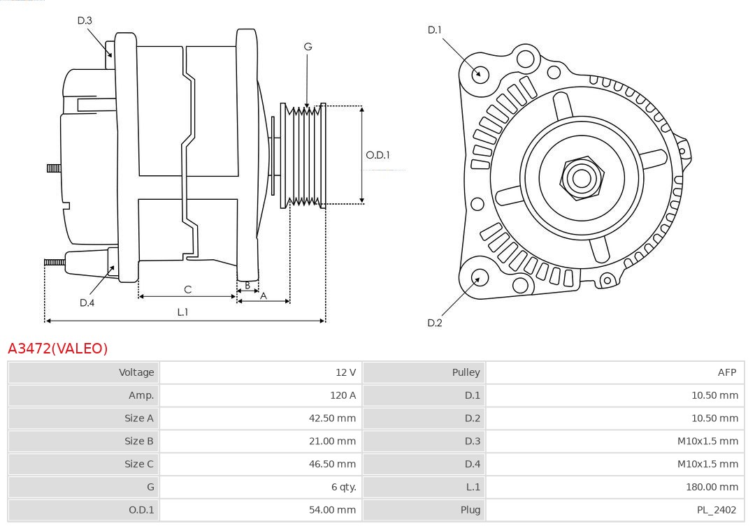 AS-PL Alternator/Dynamo A3472(VALEO)